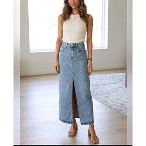 Universal Thread Womens Sz 4 Denim Maxi Skirt stretch Belt-loop 5-pocket Summer